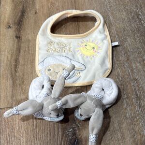 Adorable Cream and Gray Baby Bib and Booties Set